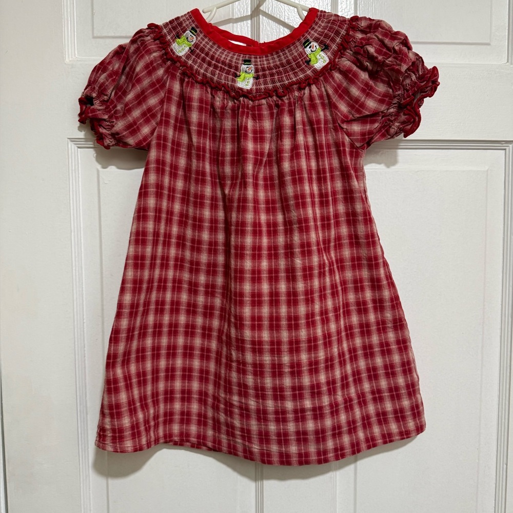 Smocked 5 Girls Plaid Snowman Dress Christmas Short Sleeve Red Green White